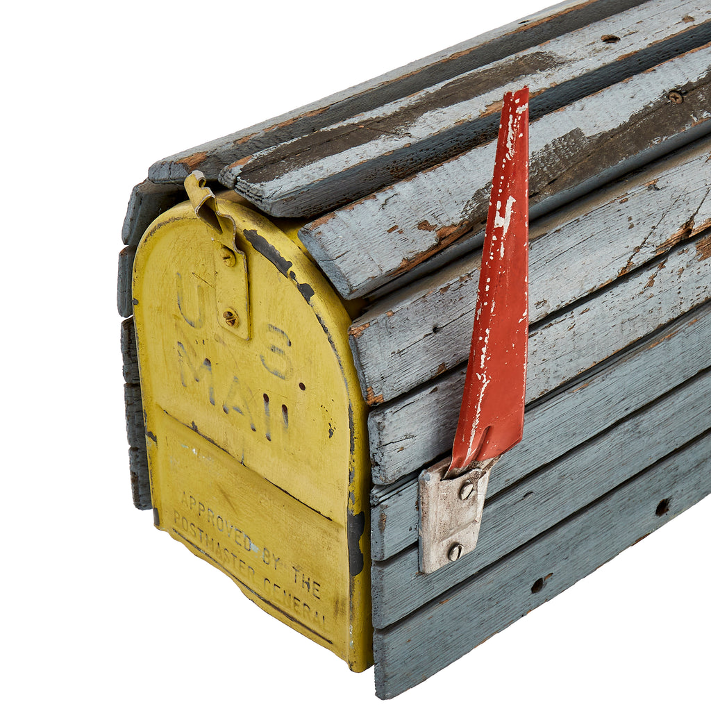 Blue and Yellow Wood and Metal Mailbox