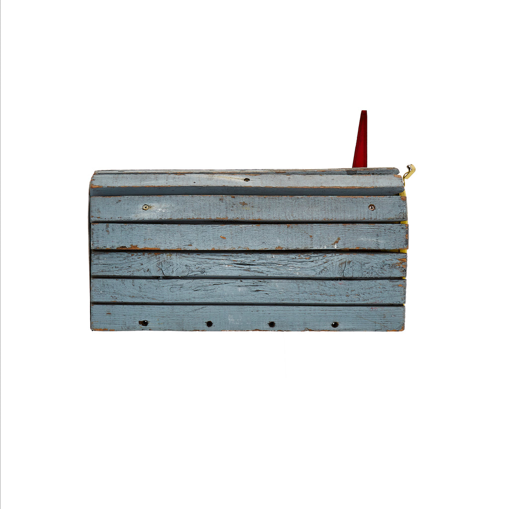 Blue and Yellow Wood and Metal Mailbox