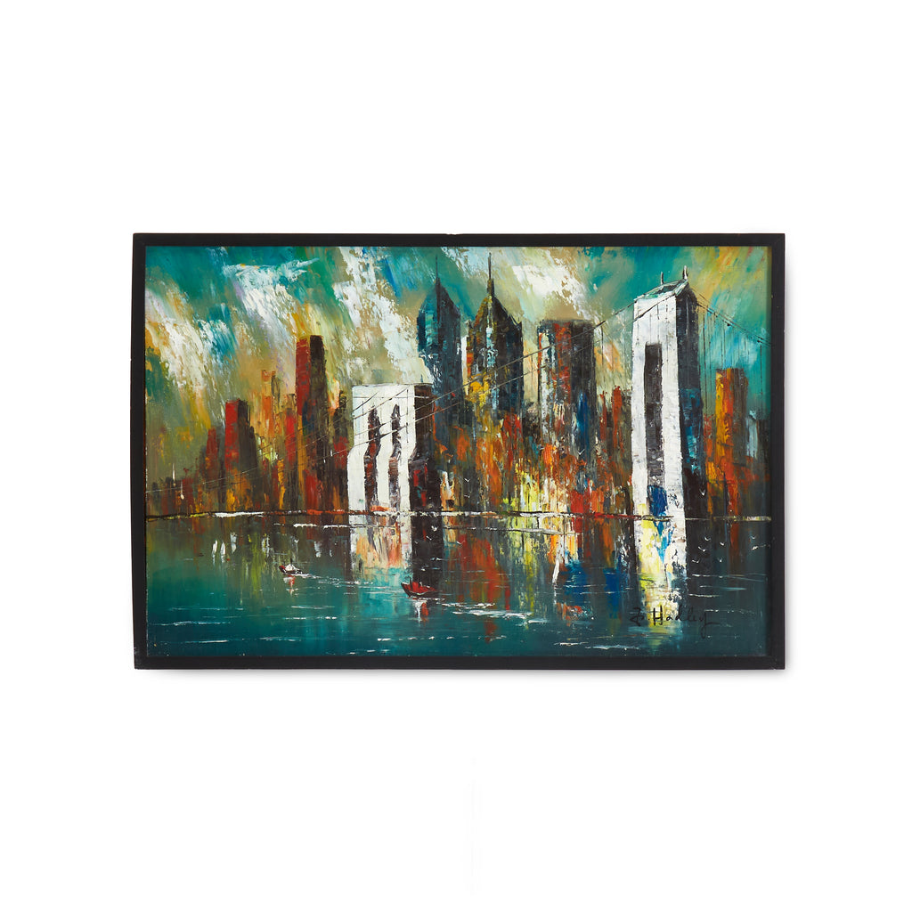 Blue River Bridge City Vintage Art Painting