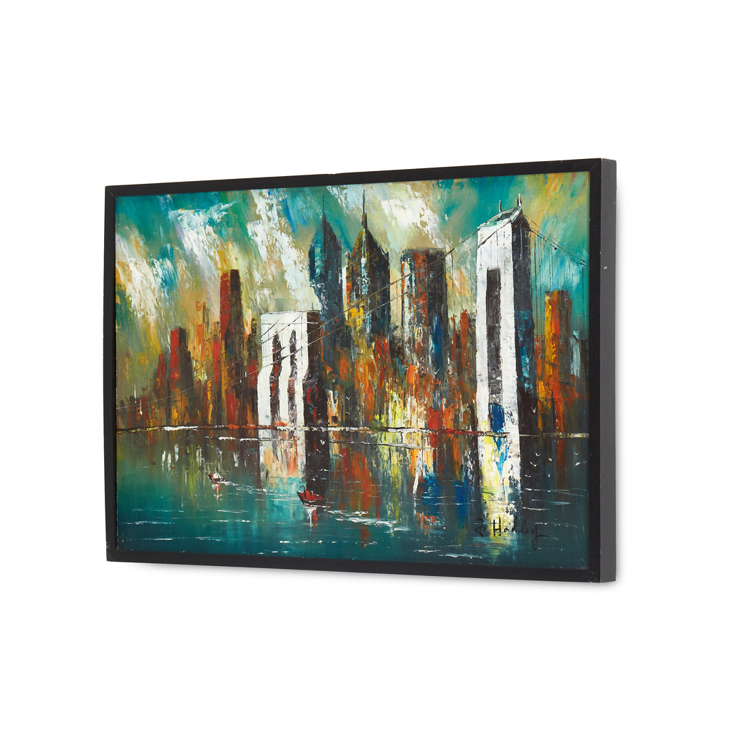 Blue River Bridge City Vintage Art Painting
