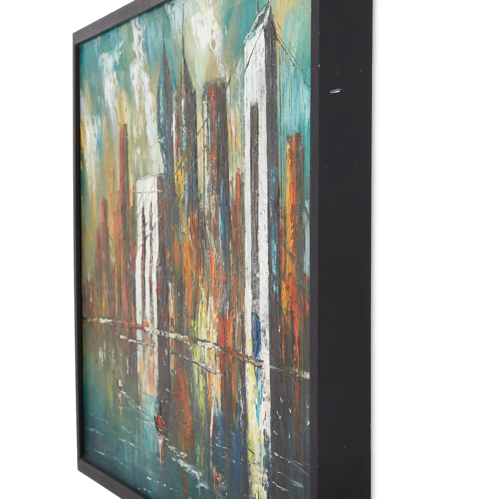 Blue River Bridge City Vintage Art Painting
