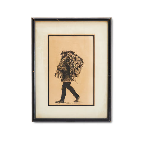 Vintage Framed Sketch of a Man Walking