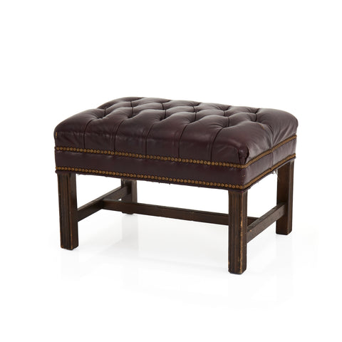 Burgundy Aged Leather and Wood Ottoman