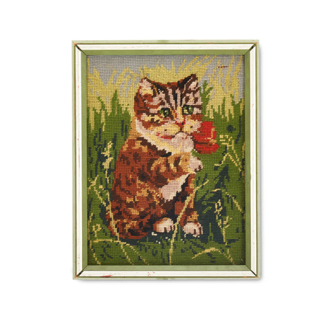Vintage Needlepoint Cat Artwork in Green Frame (A+D)