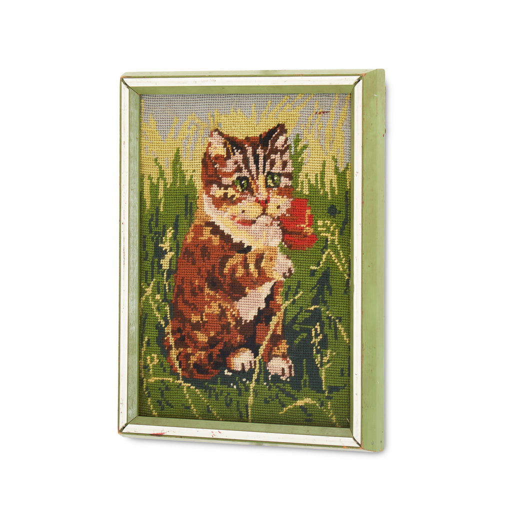 Vintage Needlepoint Cat Artwork in Green Frame (A+D)