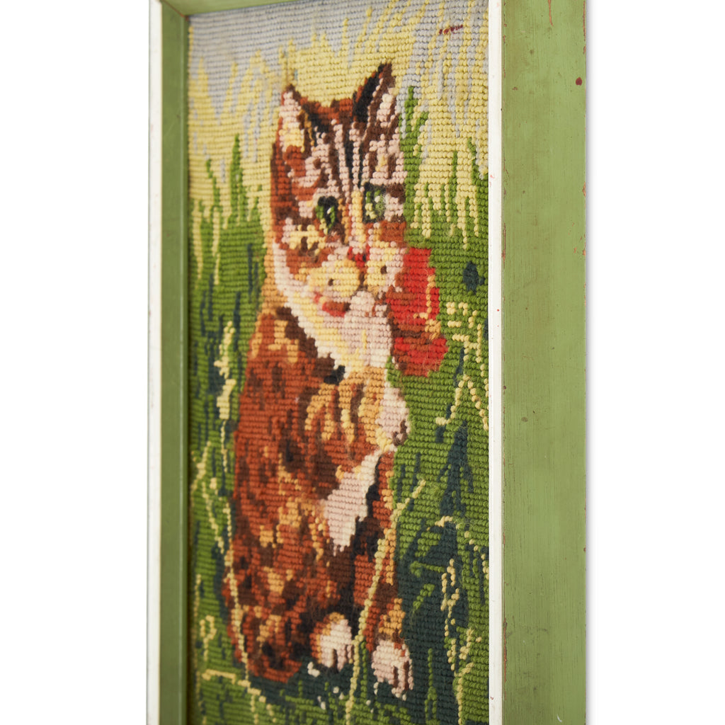 Vintage Needlepoint Cat Artwork in Green Frame (A+D)