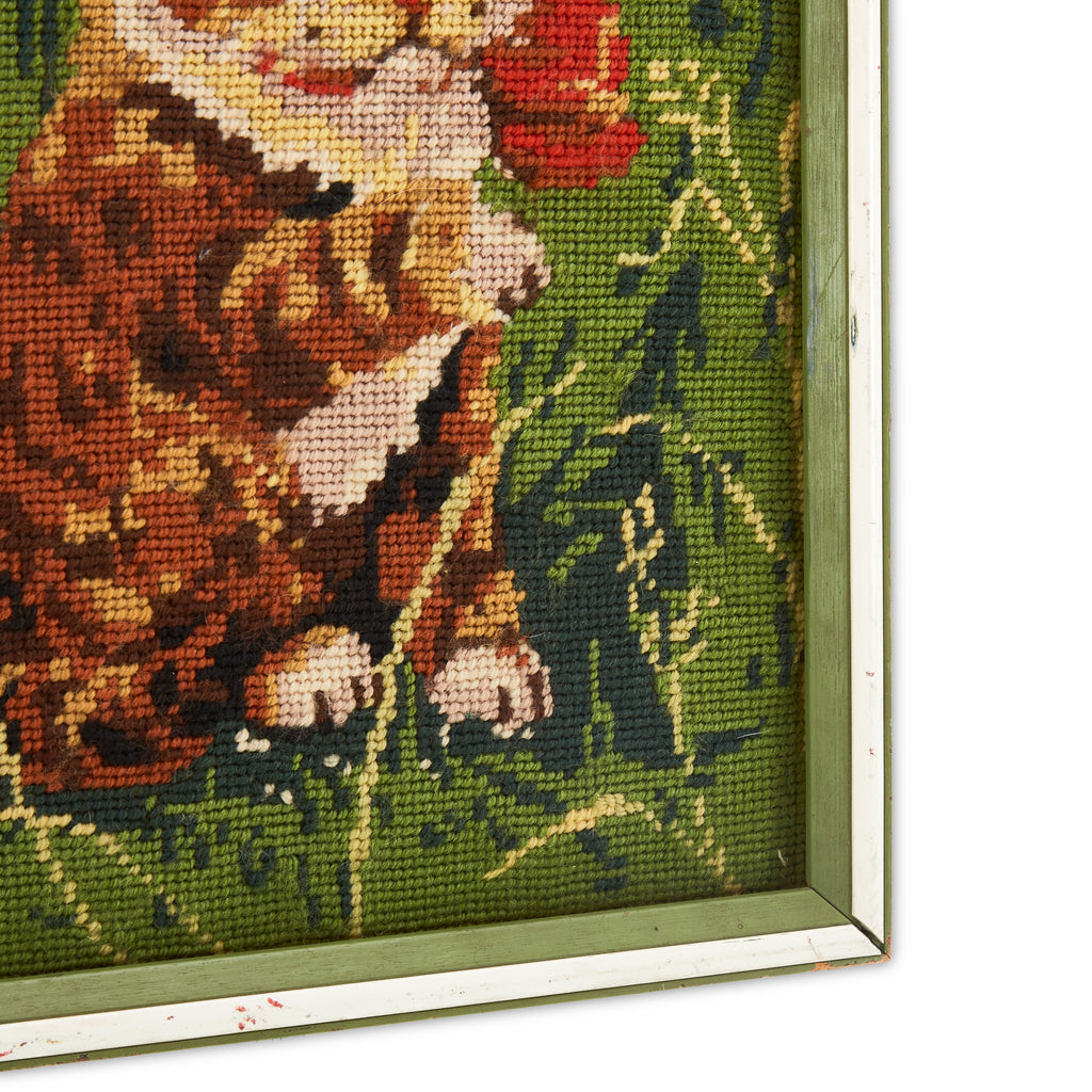 Vintage Needlepoint Cat Artwork in Green Frame (A+D)