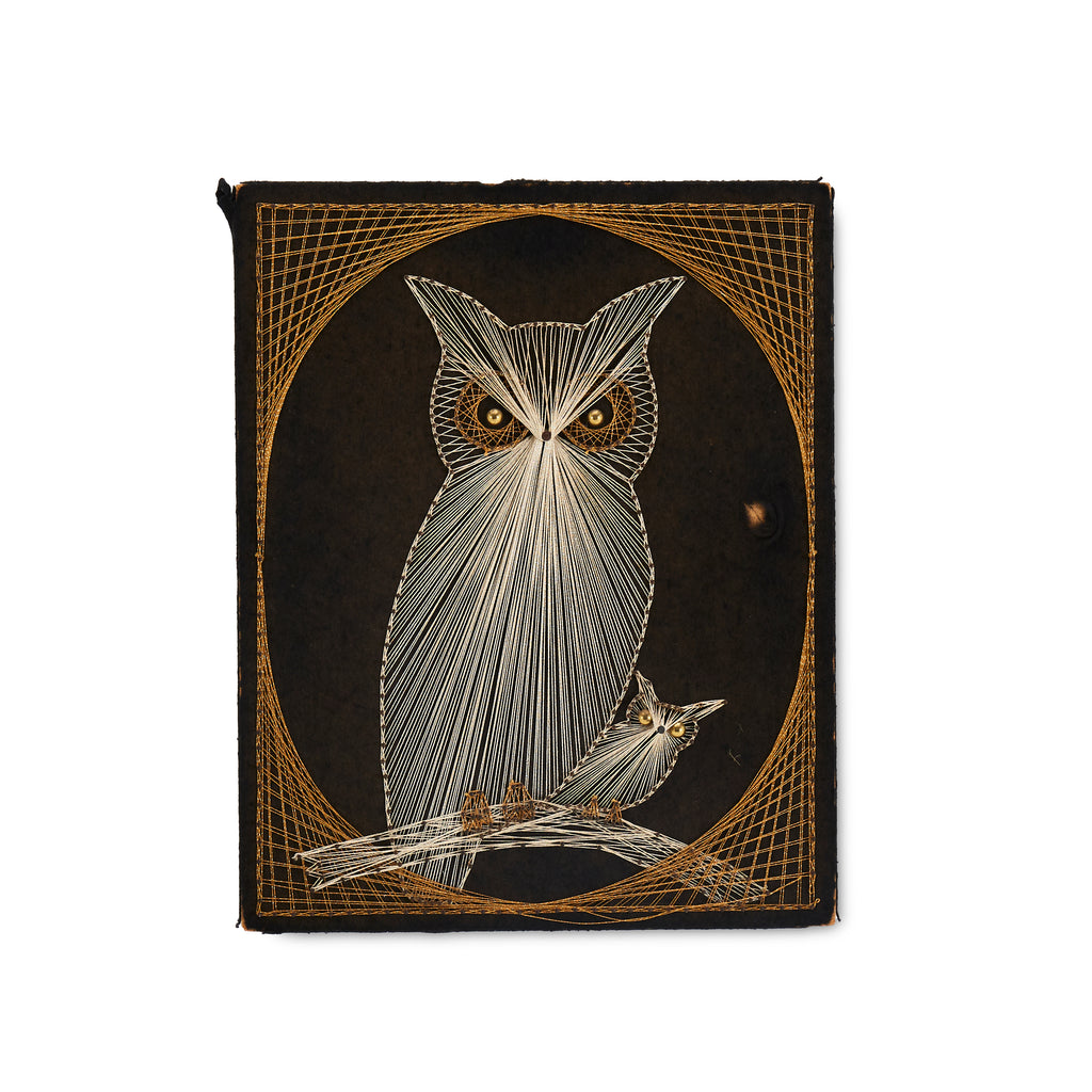 White and Brown String Owl Art on Black Fabric