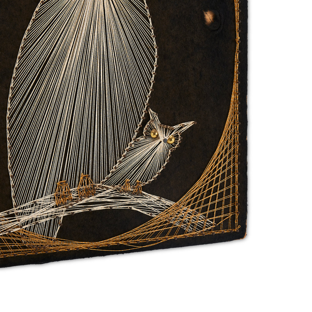 White and Brown String Owl Art on Black Fabric