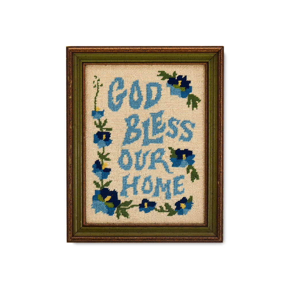 Blue Needlepoint 'God Bless Our Home' Artwork (A+D)