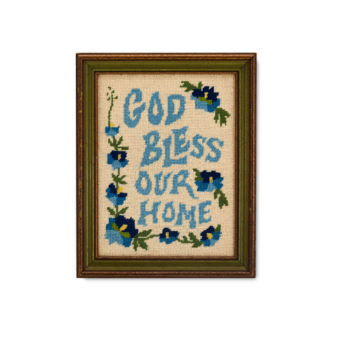 Blue Needlepoint 'God Bless Our Home' Artwork (A+D)