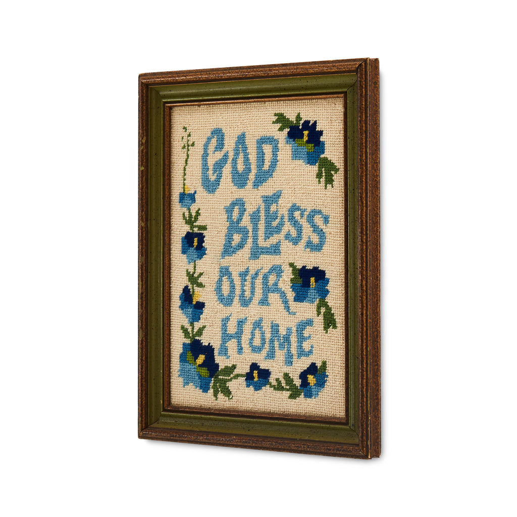 Blue Needlepoint 'God Bless Our Home' Artwork (A+D)