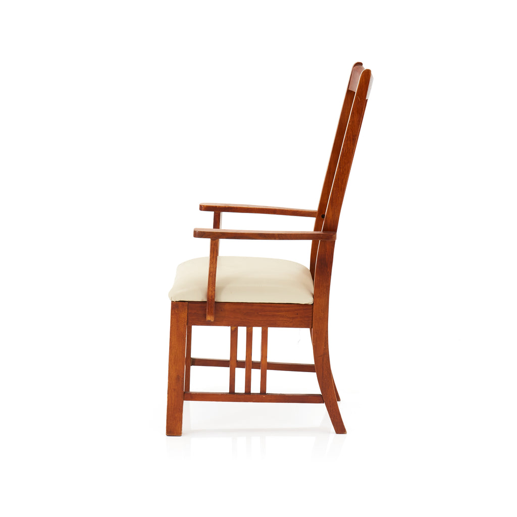 White Leather and Wood Slatted Back Dining Chair