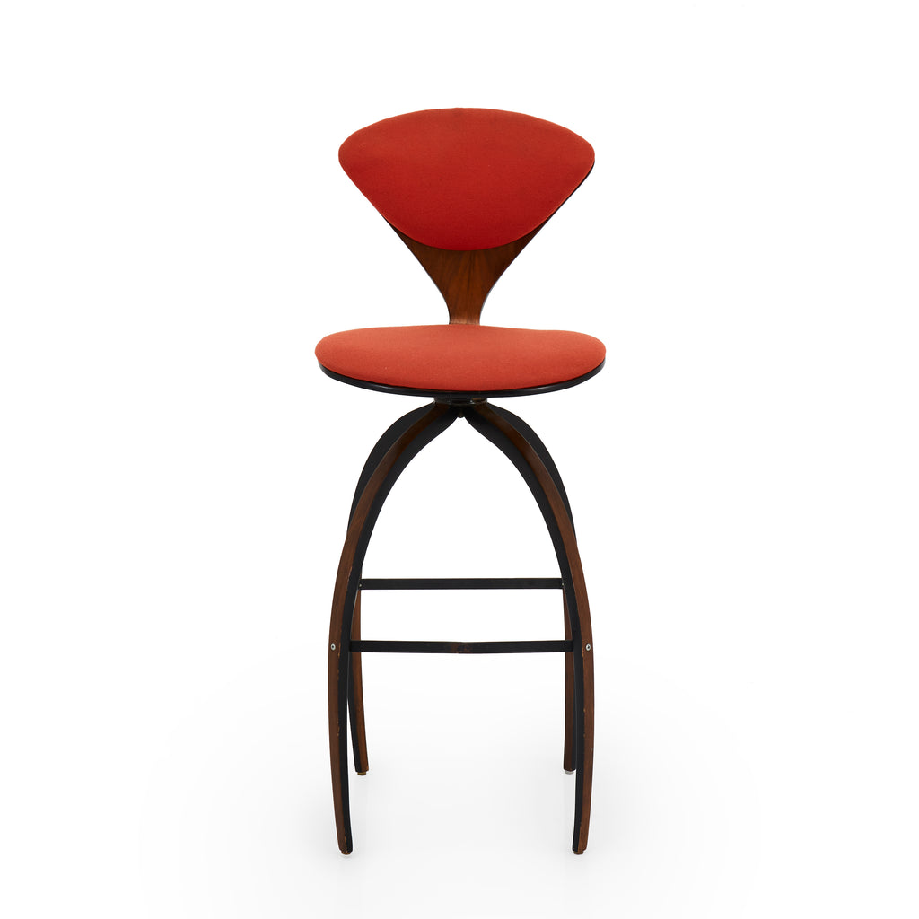 Orange and Wood Curved Legs Danish Barstool