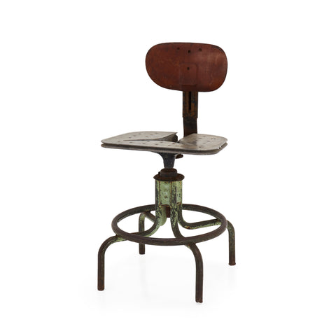 Rustic Wood Back Green Metal Base Stool