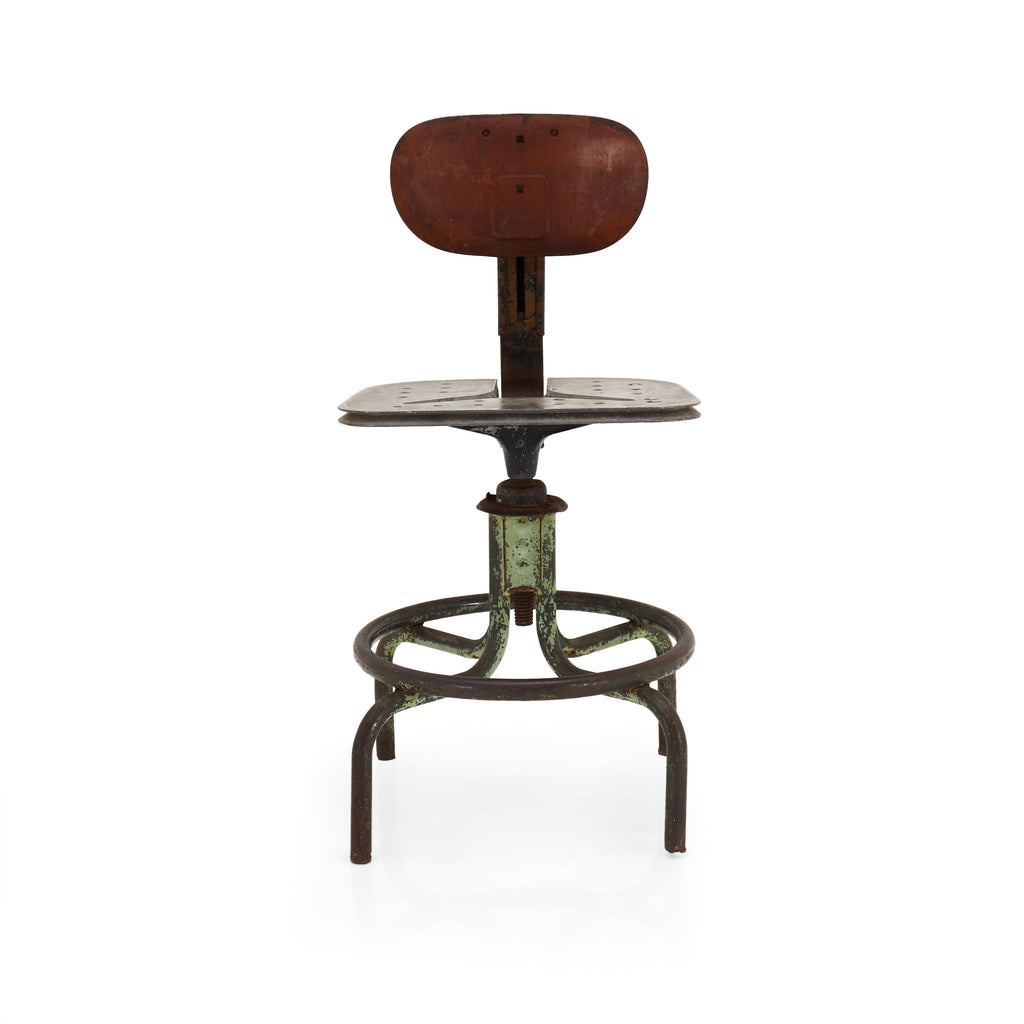 Rustic Wood Back Green Metal Base Stool