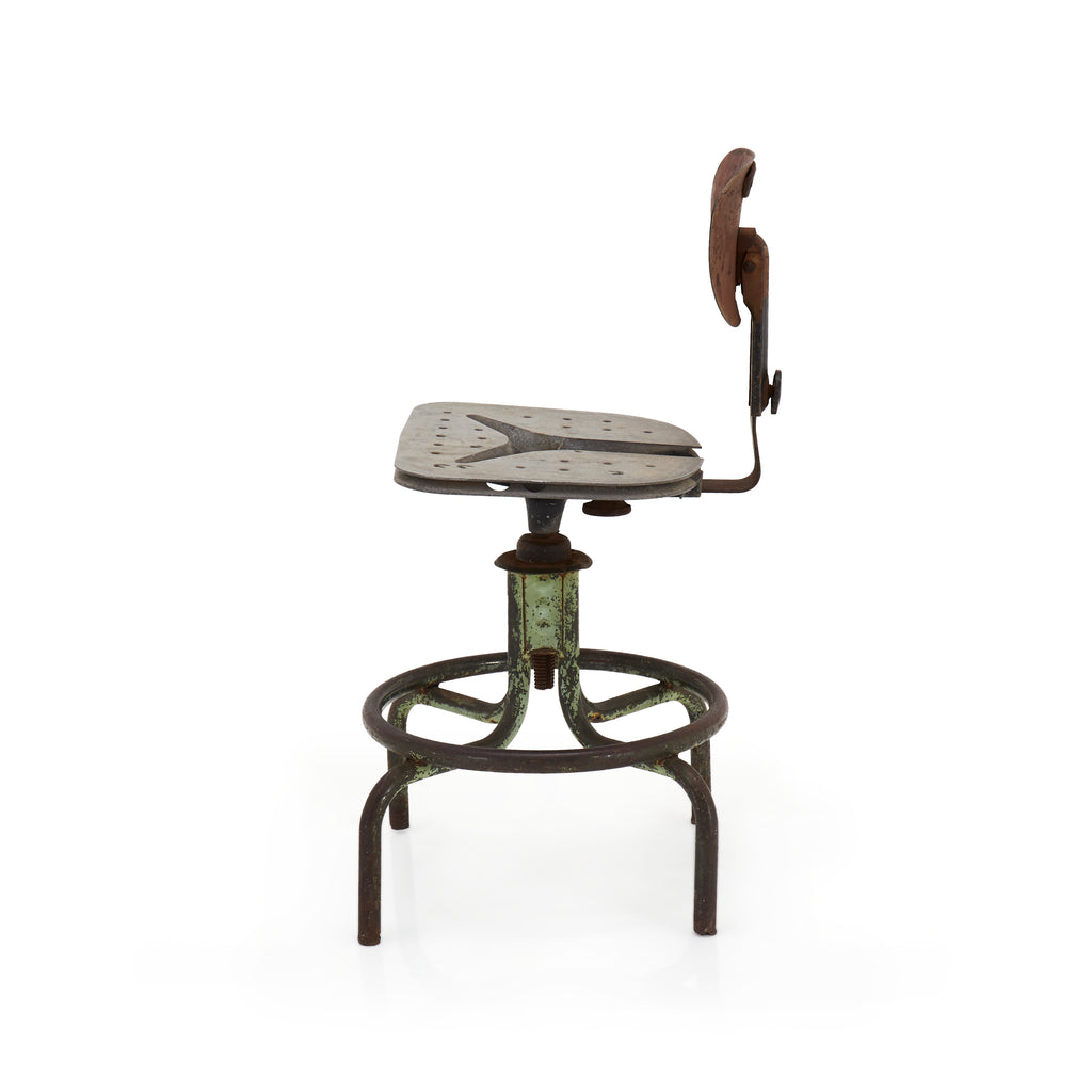 Rustic Wood Back Green Metal Base Stool