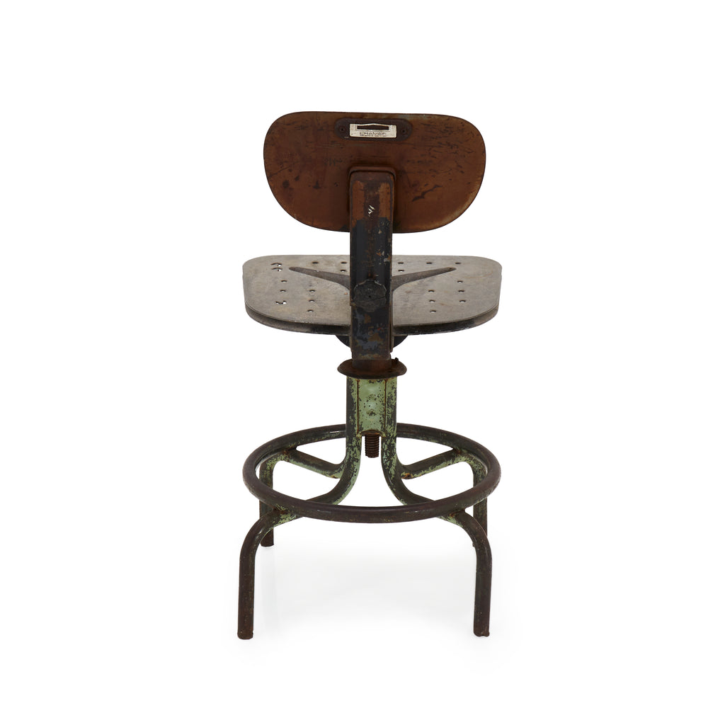 Rustic Wood Back Green Metal Base Stool