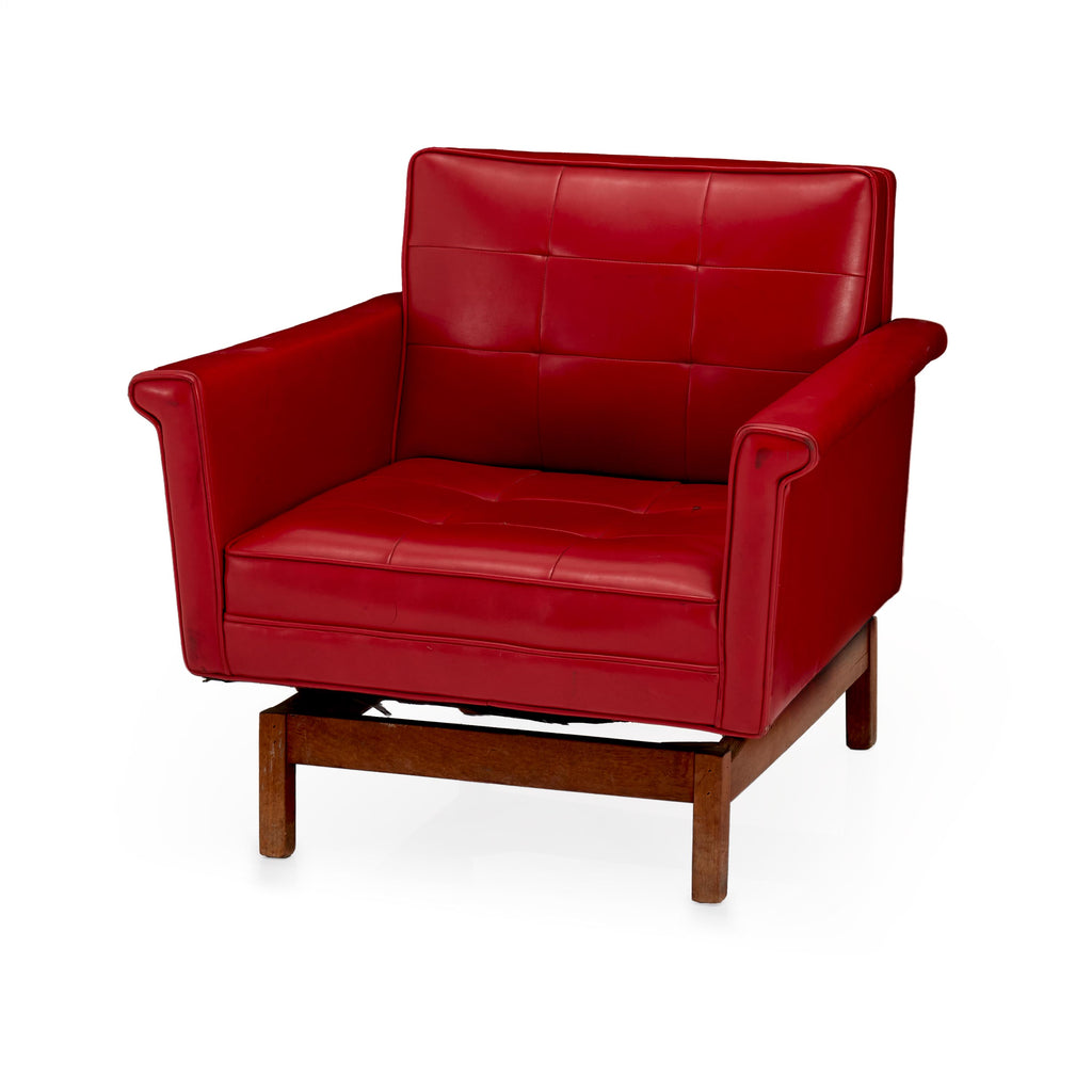 Red Leather Floating Club Chair with Wood Base