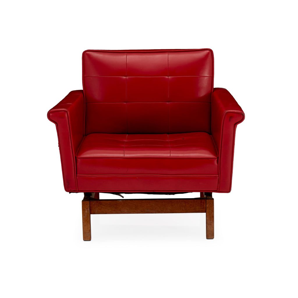 Red Leather Floating Club Chair with Wood Base