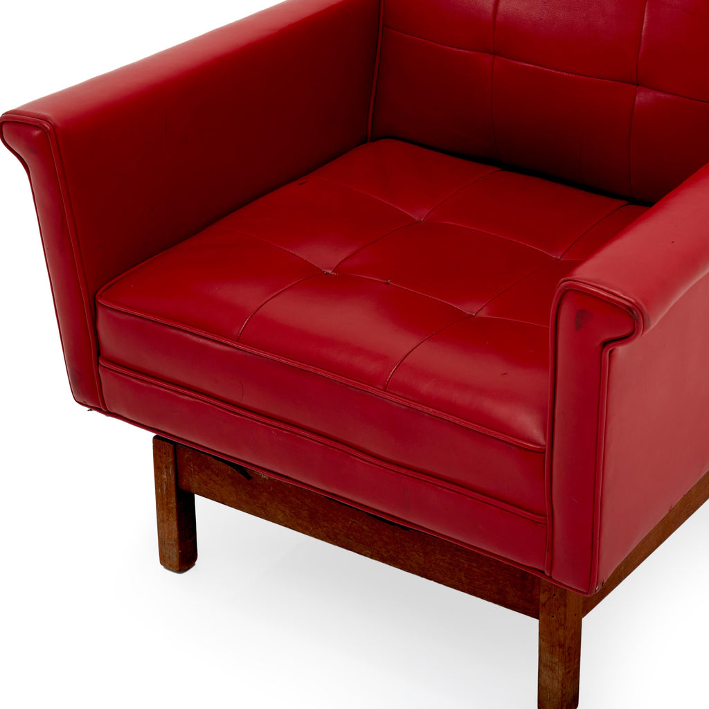 Red Leather Floating Club Chair with Wood Base