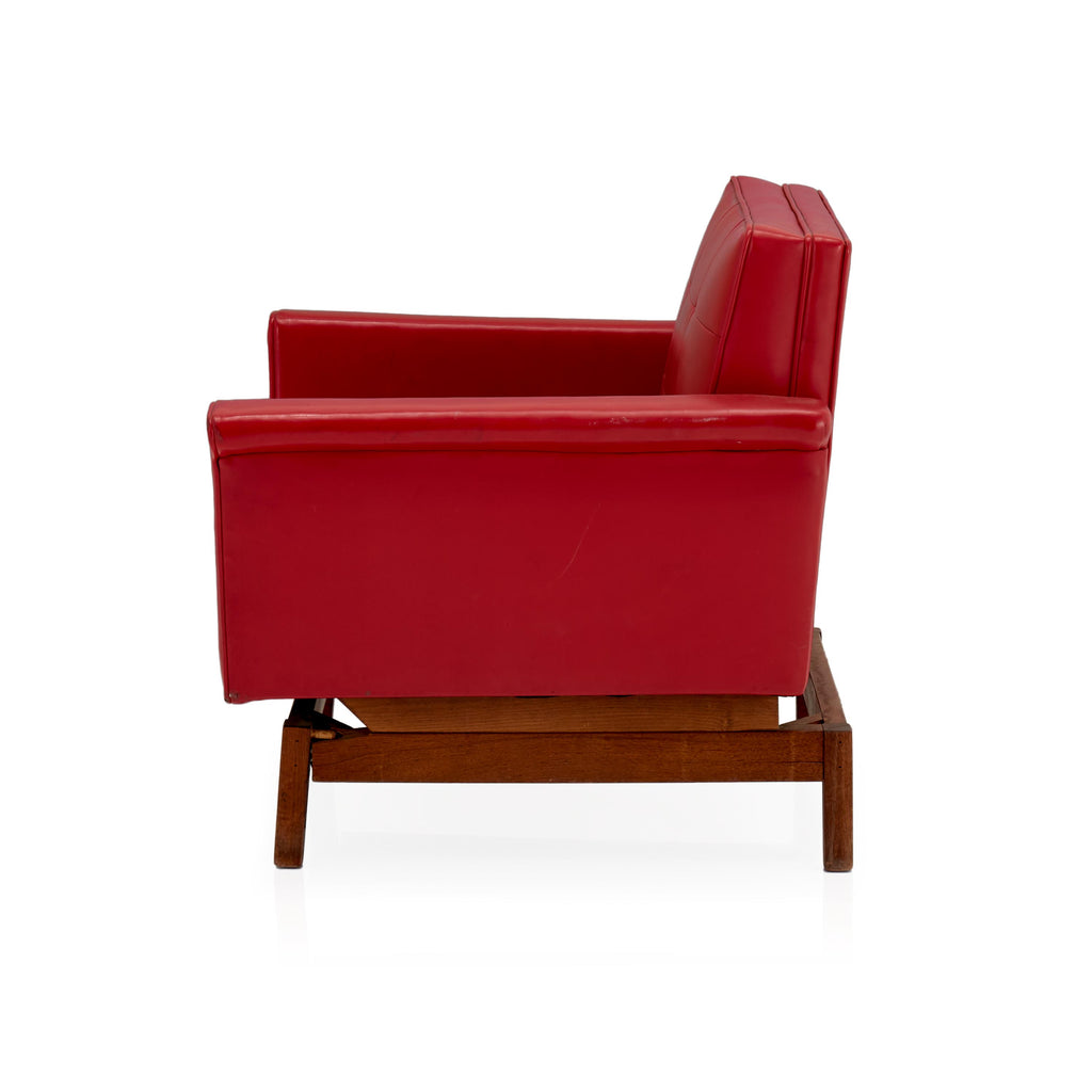 Red Leather Floating Club Chair with Wood Base