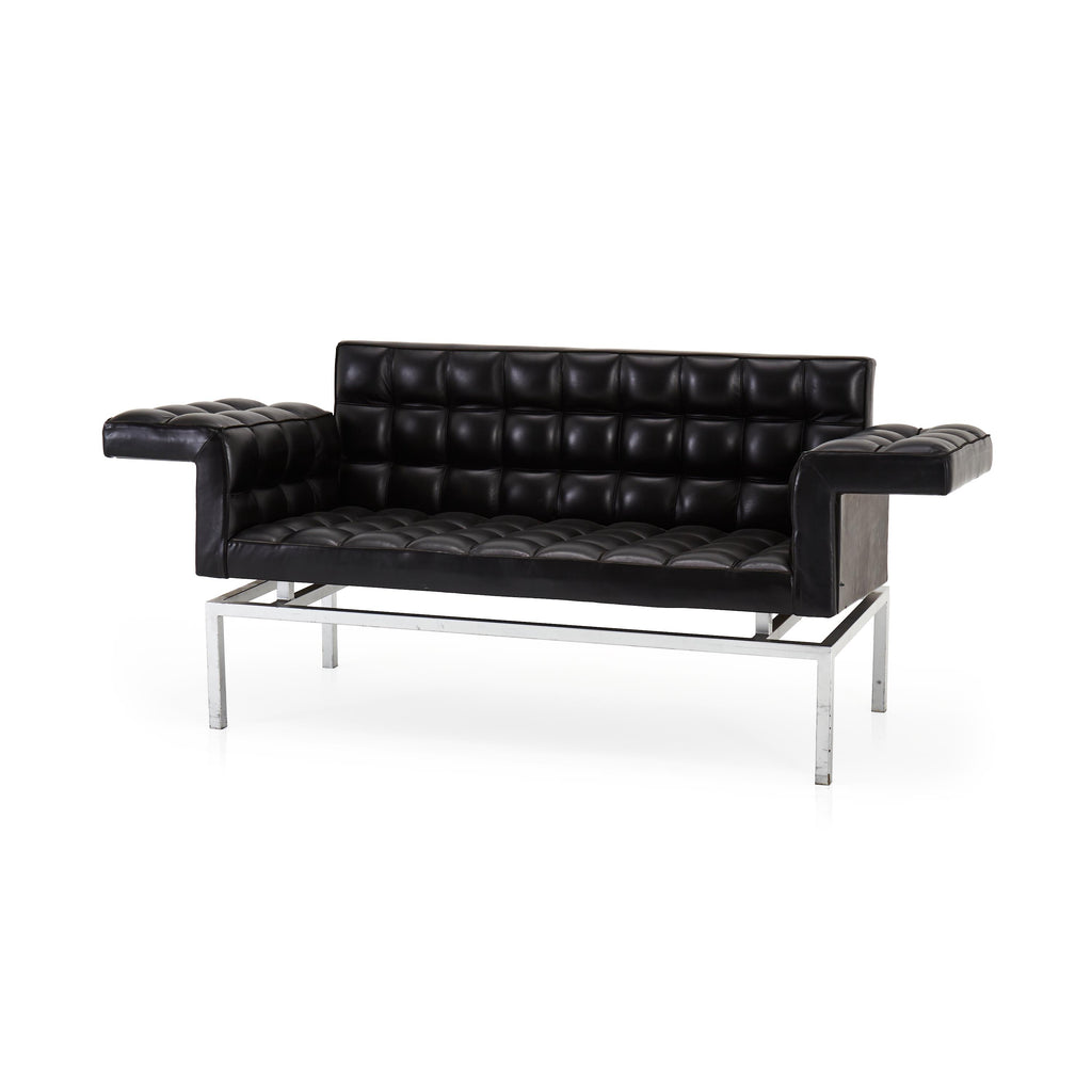 Black Square Tufted Leather Wing Arm Sofa