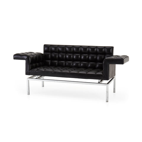 Black Square Tufted Leather Wing Arm Sofa