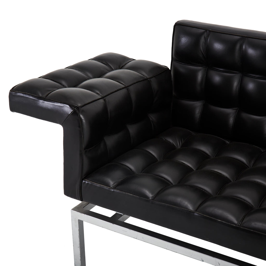 Black Square Tufted Leather Wing Arm Sofa