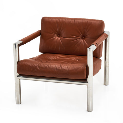 Brown Leather & Chrome Tube Frame Modern Armchair