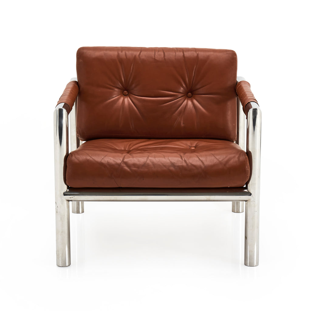 Brown Leather & Chrome Tube Frame Modern Armchair