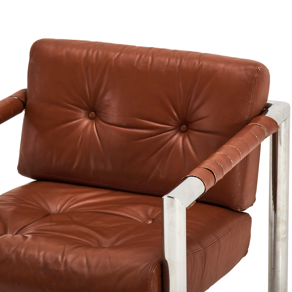 Brown Leather & Chrome Tube Frame Modern Armchair