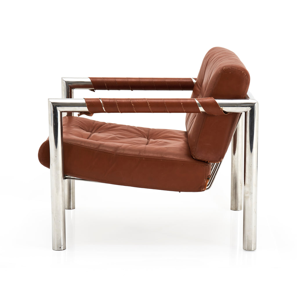 Brown Leather & Chrome Tube Frame Modern Armchair