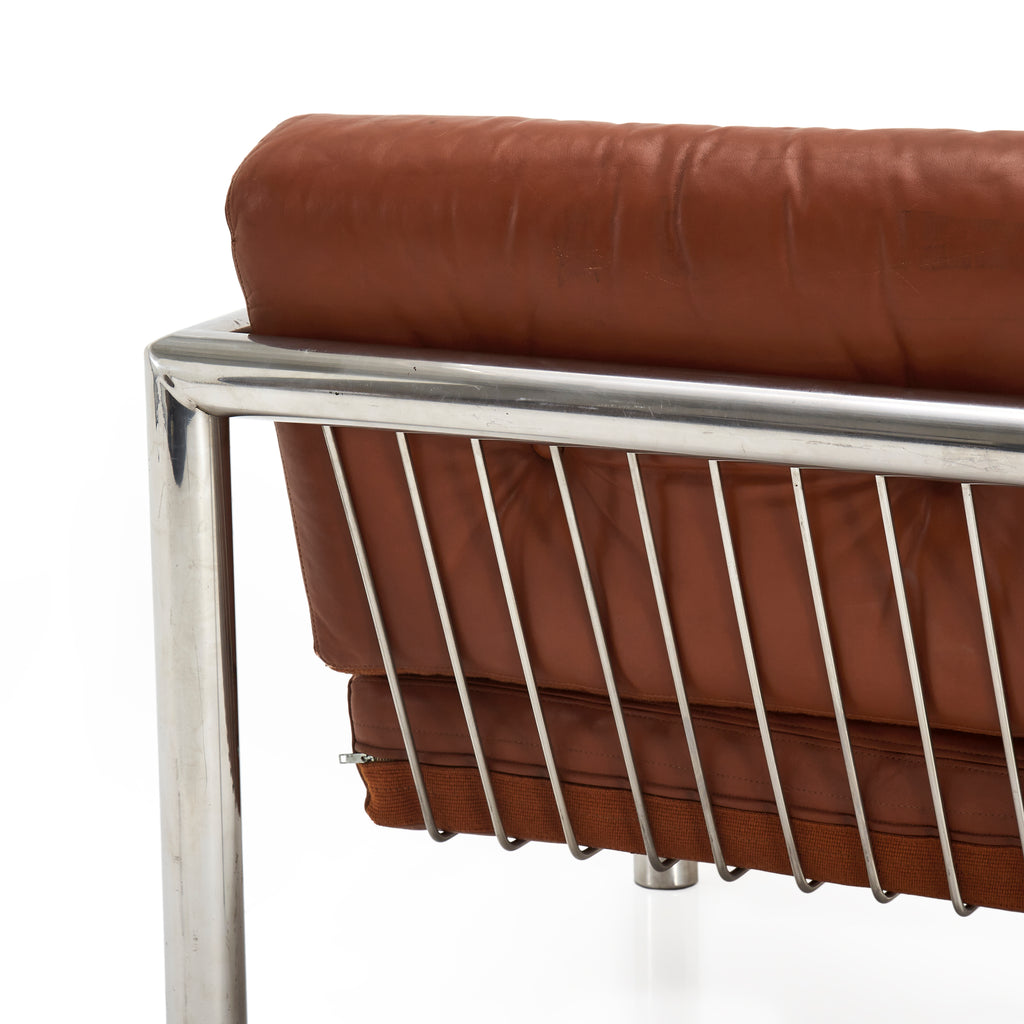 Brown Leather & Chrome Tube Frame Modern Armchair