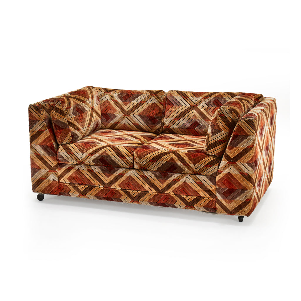 Brown Orange Diamond Pattern Vintage Loveseat