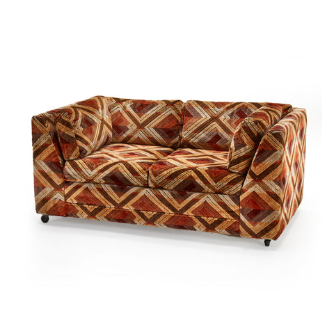 Brown Orange Diamond Pattern Vintage Loveseat