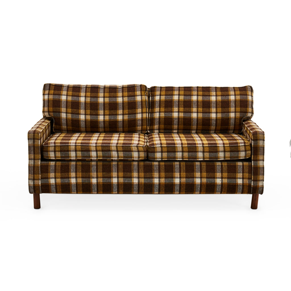 Brown, Yellow and White Plaid Loveseat Sofa