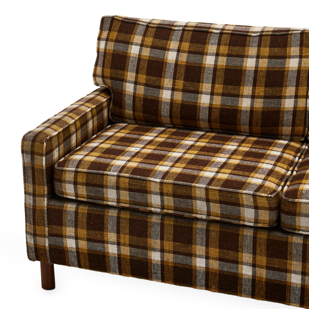 Brown, Yellow and White Plaid Loveseat Sofa