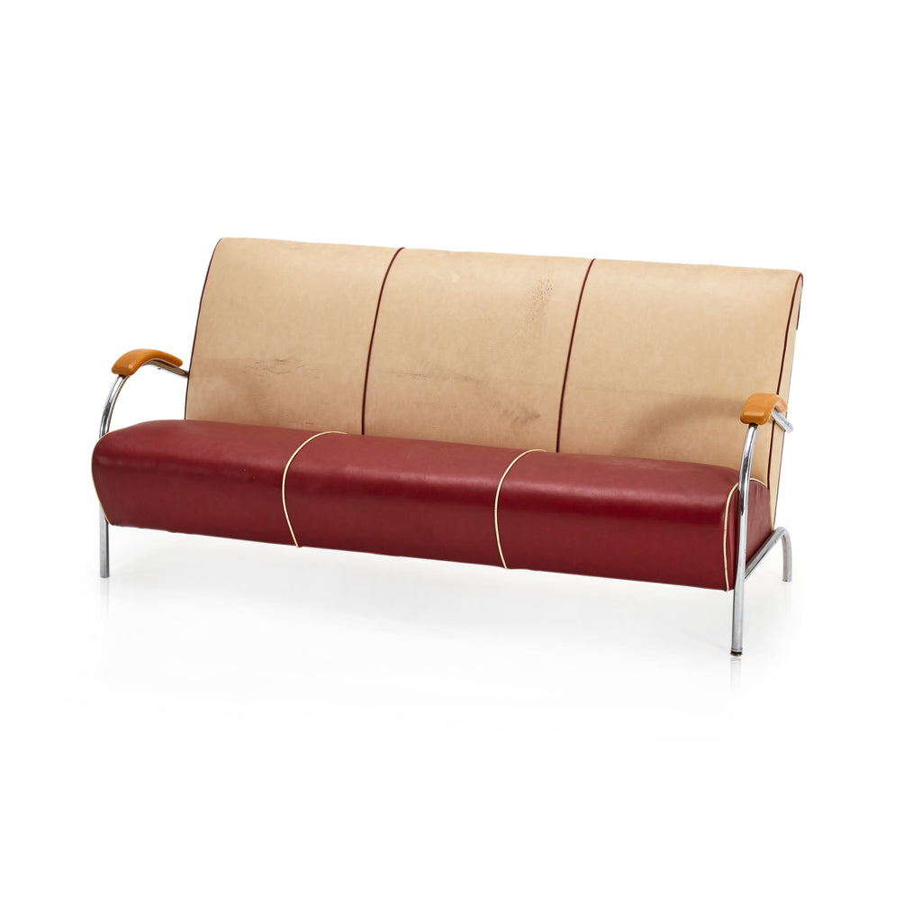 Cream and Red Vinyl Deco Sofa w Wood Arm Rests