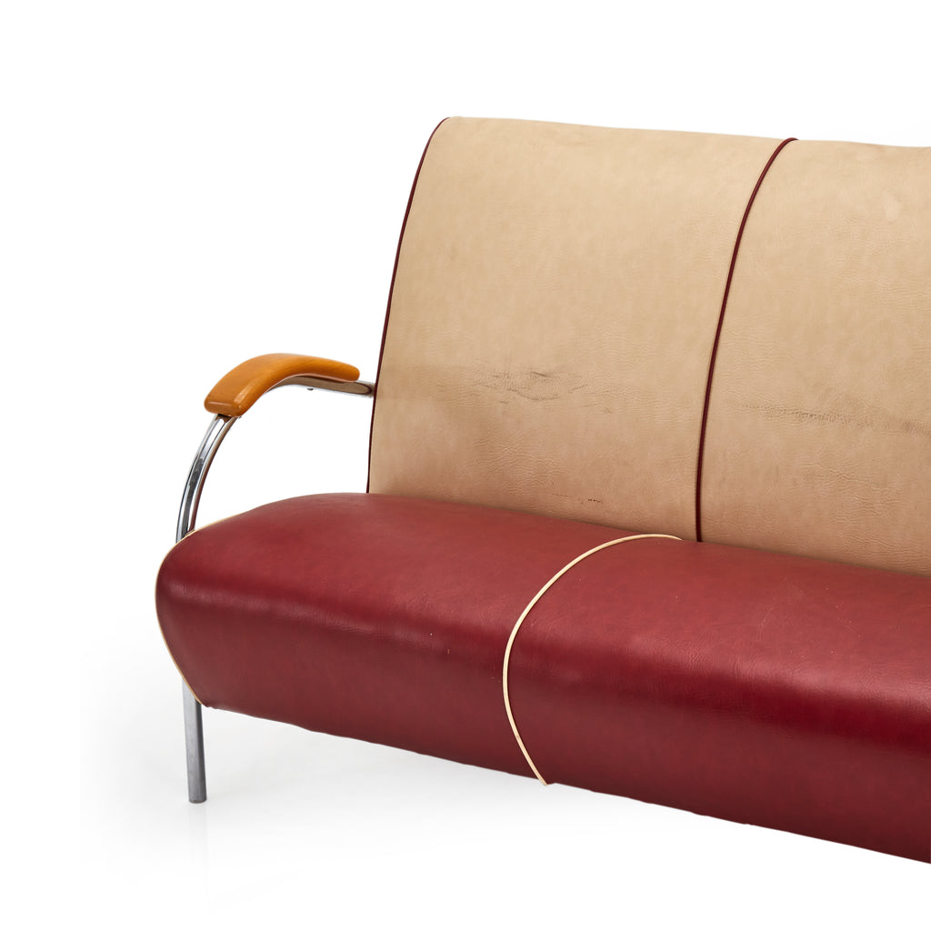 Cream and Red Vinyl Deco Sofa w Wood Arm Rests