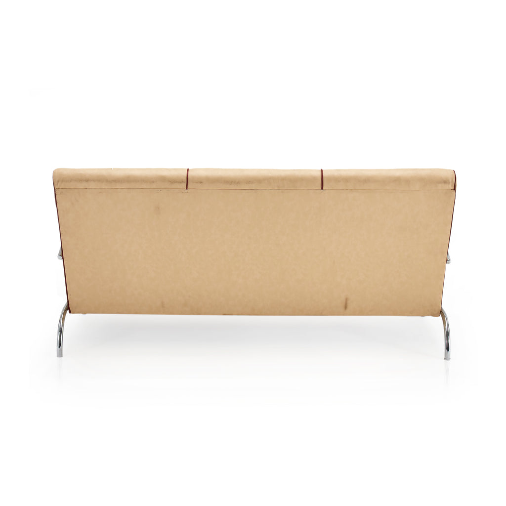 Cream and Red Vinyl Deco Sofa w Wood Arm Rests