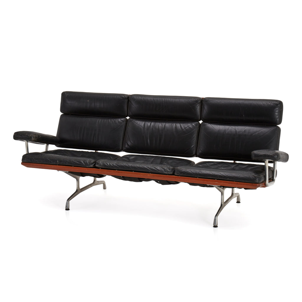 Black Leather and Wood Designer 60s Sofa