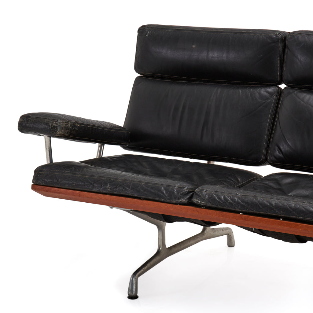 Black Leather and Wood Designer 60s Sofa