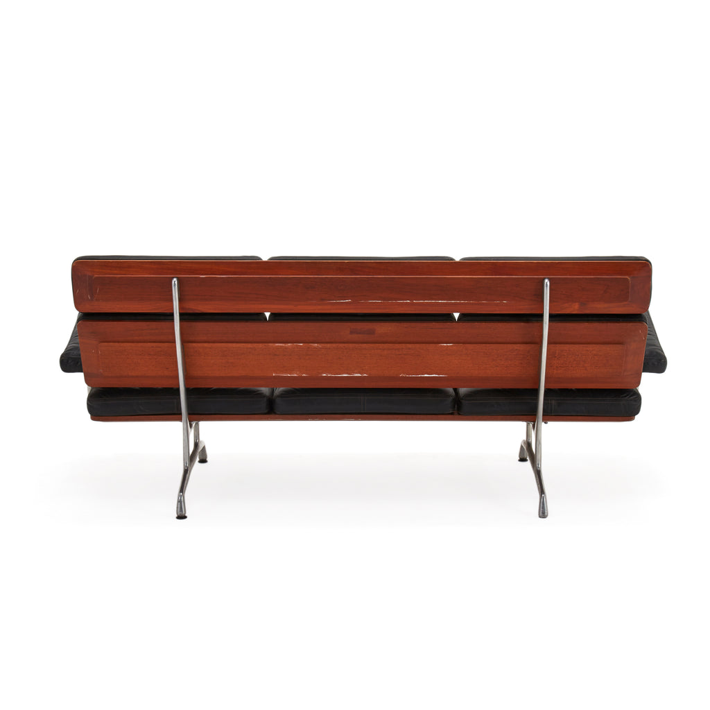 Black Leather and Wood Designer 60s Sofa