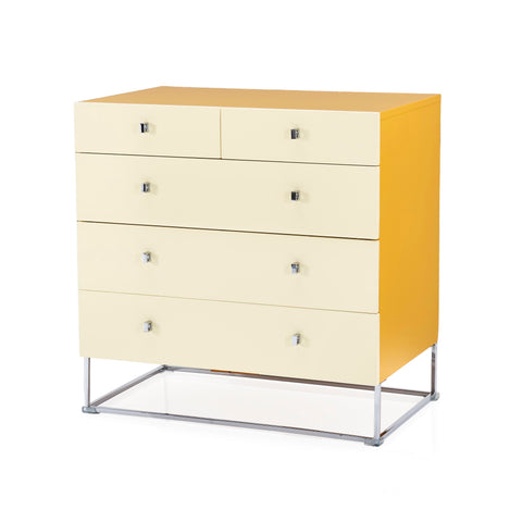 Cream & Yellow Five Drawer Dresser with Chrome Base