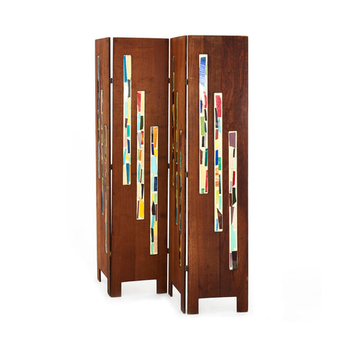 Brown Wooden and Stained Glass Folding Screen Room Divider