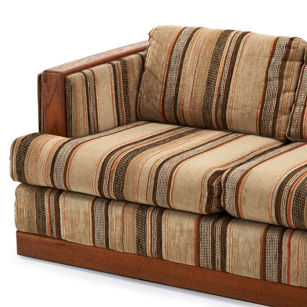 Striped Brown and Tan Loveseat w Wood Arms
