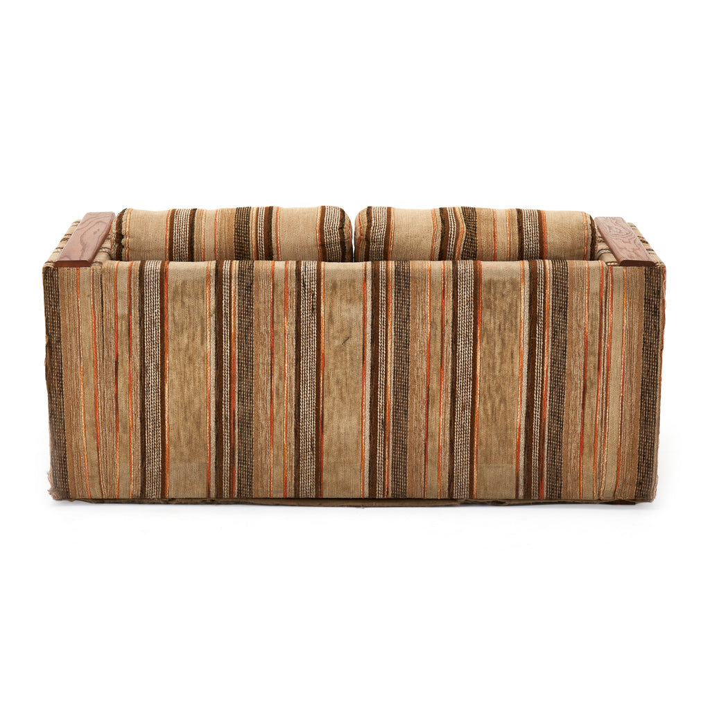 Striped Brown and Tan Loveseat w Wood Arms