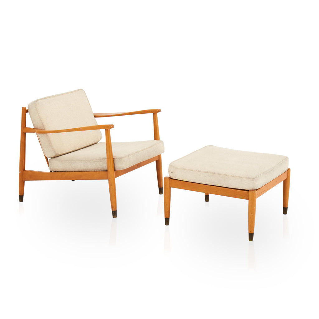Mid-Century Cream Fabric and Wood Lounge Chair