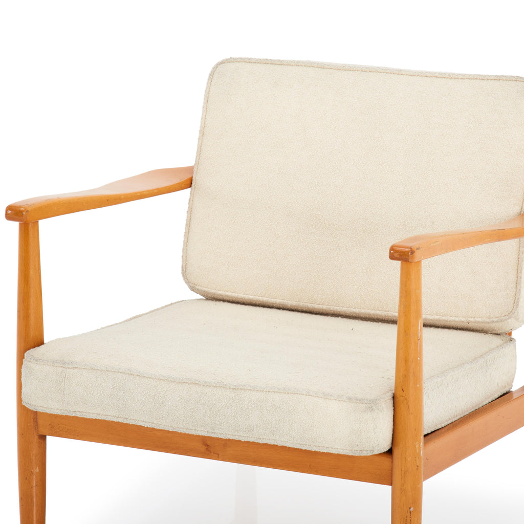 Mid-Century Cream Fabric and Wood Lounge Chair